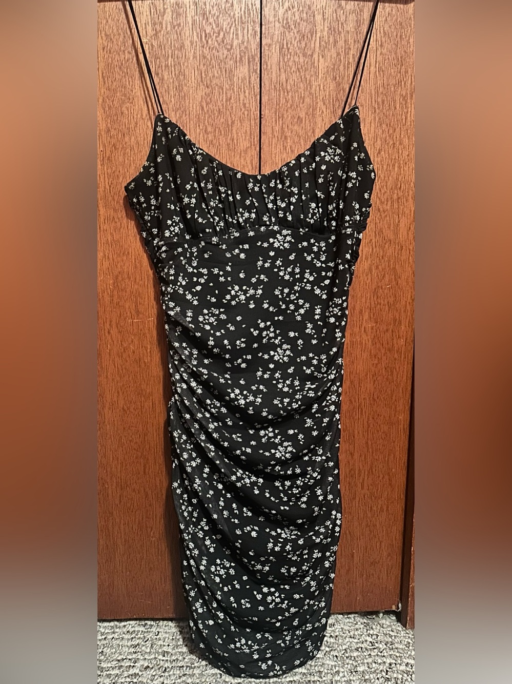 Garage Black Floral Ruched Spaghetti-Strap Midi Dress